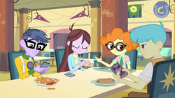 Size: 1920x1080 | Tagged: safe, screencap, bright idea, micro chips, scribble dee, velvet sky, equestria girls, g4, my little pony equestria girls, background human, cafeteria, cellphone, clothes, female, food, french fries, glasses, hot dog, male, meat, phone, sandwich, sausage, smartphone