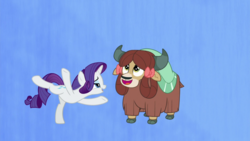 Size: 1920x1080 | Tagged: safe, screencap, rarity, yona, pony, unicorn, yak, g4, she's all yak, bow, cloven hooves, duo, female, hair bow, mare, monkey swings