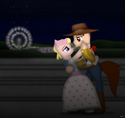 Size: 1413x1333 | Tagged: safe, artist:99999999000, pony, bo peep, dancing, disney, ferris wheel, male, night, pixar, ponified, sky, stars, toy story, toy story 4, woody