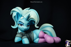 Size: 5568x3712 | Tagged: safe, artist:ncmares, artist:shuxer59, artist:v747, trixie, pony, g4, alternate hairstyle, clothes, collaboration, craft, female, figurine, looking at you, sculpture, shirt, solo, stockings, thigh highs