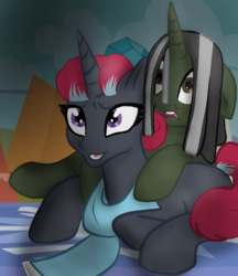 Size: 549x634 | Tagged: safe, artist:corruptedproductions, oc, pony, base used, clothes, female, magical lesbian spawn, male, next generation, oc x oc, offspring, offspring shipping, parent:glitter drops, parent:tempest shadow, parents:glittershadow, scarf, shipping, stallion, straight