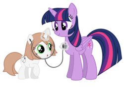 Size: 1024x727 | Tagged: safe, artist:water-kirby, twilight sparkle, oc, oc:healing touch, alicorn, pony, g4, cute, female, filly, heartbeat, listening, simple background, stethoscope, transparent background, twilight sparkle (alicorn)