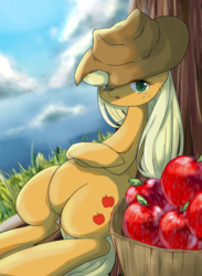 Size: 1100x1500 | Tagged: safe, artist:770nanao15, applejack, earth pony, pony, g4, apple, female, food, mare, solo