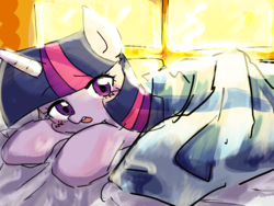 Size: 800x600 | Tagged: safe, artist:770nanao15, twilight sparkle, pony, g4, bed, cover, cute, female, mare, morning ponies, solo, sunlight, twiabetes, window