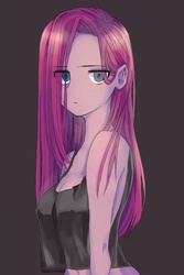 Size: 600x900 | Tagged: safe, artist:770nanao15, pinkie pie, equestria girls, g4, anime, black background, clothes, eye clipping through hair, female, looking at you, midriff, pinkamena diane pie, shirt, simple background, sleeveless, solo, tank top