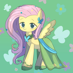 Size: 1000x1000 | Tagged: safe, artist:770nanao15, fluttershy, butterfly, pegasus, pony, g4, clothes, cute, dress, female, gala dress, looking at you, mare, shyabetes, smiling, solo, spread wings, standing, three quarter view, wings