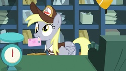 Size: 1920x1080 | Tagged: safe, screencap, derpy hooves, pegasus, pony, between dark and dawn, g4, clothes, cute, derpabetes, female, letter, letter-balance, mail, mailmare, mailmare uniform, mare, mouth hold, post office, solo, uniform