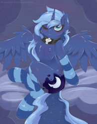 Size: 2200x2815 | Tagged: safe, artist:twiontheline, princess luna, pony, g4, blushing, clothes, collar, female, high res, one eye closed, socks, solo, stockings, striped socks, thigh highs, wink
