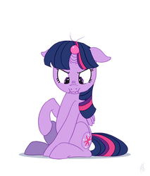 Size: 681x800 | Tagged: safe, artist:carnifex, twilight sparkle, alicorn, pony, g4, female, looking down, scrunchy face, signature, simple background, sitting, solo, the pony machine learning project, twilight sparkle (alicorn), wall eyed