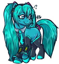 Size: 1173x1280 | Tagged: safe, artist:hannahtailz, pony, clothes, crossover, cute, female, hatsune miku, mare, pigtails, ponified, simple background, solo, twintails, vocaloid, white background