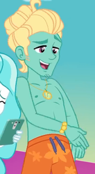 Size: 395x720 | Tagged: safe, screencap, paisley, zephyr breeze, equestria girls, equestria girls series, g4, i'm on a yacht, spoiler:eqg series (season 2), cellphone, clothes, male, male nipples, nipples, offscreen character, partial nudity, phone, shorts, smartphone, smiling, swimming trunks, topless, zephyr's necklace