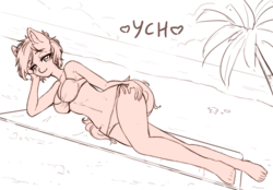 Size: 3500x2432 | Tagged: safe, artist:kindpineapple, anthro, advertisement, beach, bikini, breasts, clothes, commission, female, high res, looking at you, mare, palm tree, solo, swimsuit, tree, ych example, your character here