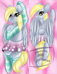 Size: 1280x1657 | Tagged: safe, artist:marshmellowbug, derpy hooves, pony, g4, body pillow, body pillow design, clothes, commission, cute, derpabetes, female, skirt, socks, solo, stockings, striped socks, thigh highs