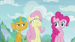 Size: 1280x720 | Tagged: safe, screencap, fluttershy, pinkie pie, snails, earth pony, pegasus, pony, unicorn, 2 4 6 greaaat, g4, aside glance, colt, cute, diasnails, female, foal, imminent vomiting, male, mare, puffy cheeks, trio