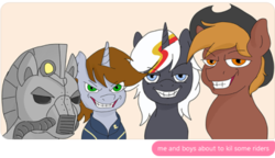 Size: 400x230 | Tagged: safe, editor:fluttershyisnot adoormat, oc, oc:calamity, oc:littlepip, oc:steelhooves, oc:velvet remedy, earth pony, pegasus, pony, unicorn, fallout equestria, armor, clothes, cowboy hat, dashite, fanfic, fanfic art, female, grammar error, grin, hat, horn, jumpsuit, male, mare, me and the boys, meme, power armor, simple background, smiling, stallion, steel ranger, vault suit, wings
