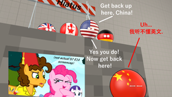 Size: 1920x1080 | Tagged: safe, anonymous artist, cheese sandwich, pinkie pie, pony, g4, the last laugh, 3d, canada, china, chinese, germany, hiatus, metaphor, polandball, source filmmaker, translated in the description, united kingdom, united states