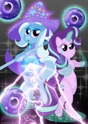 Size: 2894x4093 | Tagged: safe, artist:stormythetrooper, starlight glimmer, trixie, pony, unicorn, g4, bipedal, duo, female, glowing horn, horn, magic, mare
