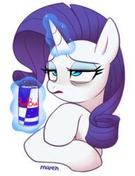 Size: 1641x2123 | Tagged: safe, artist:maren, rarity, pony, unicorn, g4, bags under eyes, bust, energy drink, female, glowing horn, horn, levitation, magic, magic aura, mare, red bull, simple background, solo, telekinesis, tired, white background