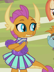 Size: 695x922 | Tagged: safe, screencap, shimmy shake, smolder, snips, 2 4 6 greaaat, g4, cheerleader outfit, cheerleader smolder, clothes, cropped, cute, pleated skirt, pom pom, skirt, smolderbetes, solo focus