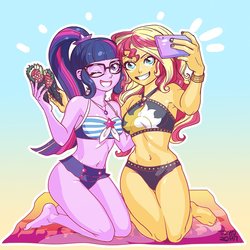 Size: 900x900 | Tagged: safe, artist:babtyu, sci-twi, sunset shimmer, twilight sparkle, equestria girls, g4, my little pony equestria girls: better together, armpits, barefoot, belly button, bikini, bikini babe, cellphone, clothes, cute, feet, female, food, geode of empathy, geode of telekinesis, glasses, magical geodes, midriff, nail polish, one eye closed, phone, ponytail, sarong, selfie, smartphone, summer sunset, sushi, sushi cone, swimsuit, wink