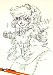 Size: 1274x1819 | Tagged: safe, artist:babtyu, applejack, equestria girls, g4, armpits, crystal guardian, female, hammer, looking at you, ponied up, traditional art, watch