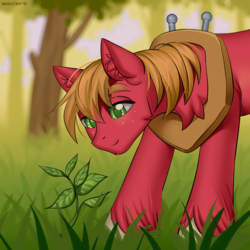 Size: 1000x1002 | Tagged: safe, artist:margony, big macintosh, earth pony, pony, g4, freckles, grass, macabetes, male, nature, outdoors, planting, smiling, solo