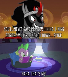 Size: 1125x1266 | Tagged: safe, king sombra, spike, g4, power ponies (episode), the beginning of the end, implied shining armor, prozd, spike vs sombra