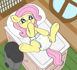 Size: 2455x2242 | Tagged: safe, artist:oliver-england, fluttershy, pegasus, pony, g4, adult foal, changing table, diaper, diaper change, diaper fetish, female, fetish, fluttershy's cottage, high res, hoof over mouth, mare, non-baby in diaper, story in the source, trash can