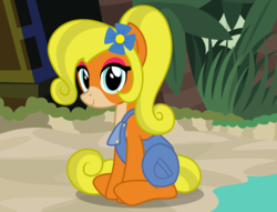 Size: 2548x1948 | Tagged: safe, artist:badumsquish, derpibooru exclusive, earth pony, pony, beach, clothes, coco bandicoot, coveralls, crash bandicoot (series), cute, female, flower, flower in hair, looking at you, ponified, sitting, smiling, solo, tropical