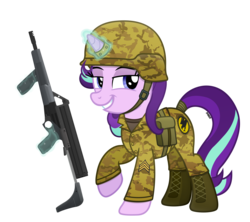 Size: 4500x4000 | Tagged: safe, artist:a4r91n, starlight glimmer, pony, unicorn, g4, assault rifle, boots, calico, calico m-900, camouflage, command and conquer, crossover, female, gdi glimmer, global defense initiative, grin, gun, helmet, lidded eyes, looking at you, magic, mare, military, military uniform, raised hoof, rifle, sergeant, shoes, simple background, smiling, smug, solo, tail wrap, telekinesis, transparent background, vector, weapon