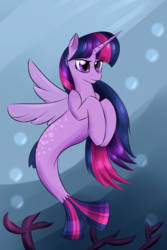 Size: 1080x1620 | Tagged: safe, artist:renarde-louve, twilight sparkle, alicorn, seapony (g4), g4, bubble, coral, dorsal fin, fin, fin wings, fins, fish tail, horn, newbie artist training grounds, ocean, purple eyes, seaponified, seapony twilight, smiling, solo, species swap, tail, twilight sparkle (alicorn), underwater, water, wings
