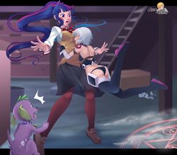 Size: 1600x1400 | Tagged: safe, artist:alex-kellar, spike, twilight sparkle, dog, human, equestria girls, g4, ass, assassin, breasts, butt, clothes, crossover, emanata, fanfic art, fate/apocrypha, fate/grand order, fate/stay night, homurahara academy uniform, hug, humanized, jack the ripper, magic, magic circle, open mouth, pantyhose, ponytail, shed, shoes, skirt, spike the dog, tackle hug, this will end in death, this will end in tears, this will end in tears and/or death, twilight sparkle (alicorn)
