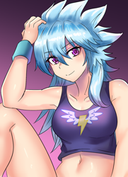 Size: 800x1104 | Tagged: safe, artist:tzc, cloudchaser, human, g4, adorasexy, armpits, belly button, breasts, clothes, commission, cute, cutechaser, eye clipping through hair, eyebrows, eyebrows visible through hair, female, humanized, legs, midriff, reasonably sized breasts, sexy, smiling, solo, sports bra, stupid sexy cloudchaser