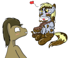 Size: 2000x1600 | Tagged: safe, artist:amateur-draw, derpy hooves, earth pony, pegasus, pony, g4, bag, blushing, covered in mud, heart, letter, love, mud, muddy, shipping, simple background, wet and messy, white background