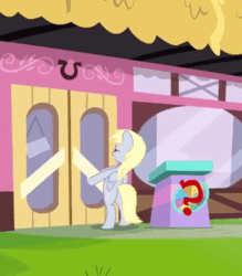 Size: 420x480 | Tagged: safe, edit, edited screencap, screencap, derpy hooves, pegasus, pony, a trivial pursuit, g4, animated, bipedal, butt, cropped, eyes closed, female, gif, mare, out of context, plot, solo, struggling
