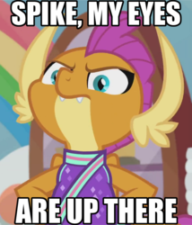 Size: 658x768 | Tagged: safe, edit, edited screencap, editor:anonycat, screencap, smolder, dragon, 2 4 6 greaaat, g4, caption, cheerleader outfit, cheerleader smolder, dragoness, female, grammar error, image macro, implied spike, implied spolder, my eyes are up here, solo, text