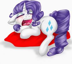 Size: 1024x913 | Tagged: safe, artist:rurihal, rarity, pony, unicorn, g4, female, floppy ears, pillow, simple background, solo, yawn