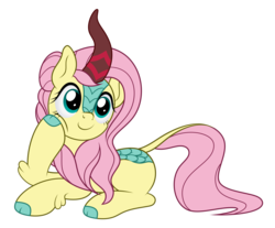 Size: 4374x3624 | Tagged: safe, artist:mirrorcrescent, fluttershy, kirin, g4, atg 2019, cloven hooves, cute, female, hoof on cheek, kirin fluttershy, kirin-ified, mare, newbie artist training grounds, prone, shyabetes, simple background, smiling, solo, species swap, transparent background, turned head