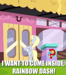 Size: 420x480 | Tagged: safe, edit, edited screencap, screencap, derpy hooves, pegasus, pony, a trivial pursuit, g4, animated, butt, caption, door, female, image macro, impact font, implied rainbow dash, iwtcird, meme, out of context, plot, text
