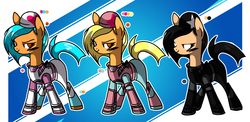 Size: 2052x1000 | Tagged: safe, artist:bonpikabon, oc, oc only, oc:dusty skully, oc:pastel skully, oc:shadow skully, earth pony, pony, armor, boots, clothes, female, fortnite, gloves, knife, makeup, mare, reference sheet, shoes, siblings, sisters