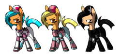 Size: 2188x1000 | Tagged: safe, alternate version, artist:bonpikabon, oc, oc only, oc:dusty skully, oc:pastel skully, oc:shadow skully, earth pony, pony, armor, boots, clothes, female, fortnite, gloves, knife, makeup, mare, shoes, siblings, simple background, sisters, transparent background
