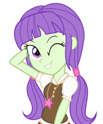 Size: 1000x1200 | Tagged: dead source, safe, artist:wubcakeva, starlight, equestria girls, g4, arm behind head, background human, commission, jewelry, necklace, one eye closed, pendant, pigtails, solo, wink
