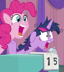 Size: 960x1080 | Tagged: safe, screencap, pinkie pie, twilight sparkle, alicorn, pony, a trivial pursuit, g4, animated, bust, duo, faic, female, floppy ears, jaw drop, looking at something, messy mane, open mouth, reaction image, shocked, twilight snapple, twilight sparkle (alicorn), varying degrees of amusement, wide eyes