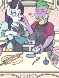 Size: 750x1000 | Tagged: safe, artist:doggonepony, rarity, spike, dragon, unicorn, anthro, g4, boop, couple, curious, cute, female, happy, kitchen, male, ship:sparity, shipping, straight
