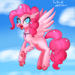 Size: 2000x2000 | Tagged: safe, artist:melliedraws, pinkie pie, classical hippogriff, hippogriff, g4, atg 2019, cheek fluff, cute, diapinkes, female, flying, heart nostrils, high res, hippo pie, hippogriffied, jewelry, necklace, newbie artist training grounds, solo, species swap