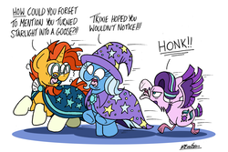 Size: 6608x4406 | Tagged: safe, artist:bobthedalek, starlight glimmer, sunburst, trixie, bird, goose, pony, unicorn, g4, angry, atg 2019, birdified, cape, clothes, coat markings, female, glasses, hat, honk, inconvenient trixie, male, mare, newbie artist training grounds, ragelight glimmer, robe, running, running away, scared, socks (coat markings), species swap, stallion, starlight glimmer is not amused, sunburst's cloak, sunburst's glasses, teeth, this will end in pain, transformed, trio, trixie's cape, trixie's hat, unamused