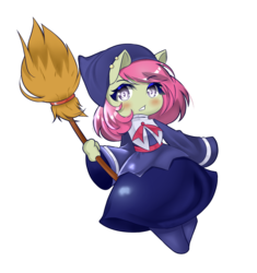 Size: 636x676 | Tagged: safe, artist:sweeteater, oc, oc only, oc:spicy flavor, anthro, broom, chibi, clothes, cosplay, costume, cute, female, hat, looking at you, not apple bloom, piercing, puyo puyo, simple background, solo, transparent background, witch (puyo puyo), witch costume