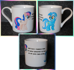 Size: 2092x2000 | Tagged: safe, artist:malte279, bon bon, lyra heartstrings, sweetie drops, pony, g4, collage, craft, cup, high res, porcelain, porcelain painting, quote