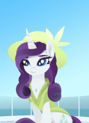 Size: 1700x2338 | Tagged: safe, artist:pedrohander, rarity, pony, unicorn, g4, clothes, dress, female, hat, jewelry, mare, necklace, sitting, smiling, solo