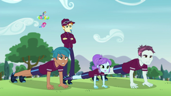 Size: 1280x720 | Tagged: safe, screencap, carlos thunderbolt, coach rommel, crystal lullaby, pinkie pie, rainbow dash, track starr, human, equestria girls, g4, my little pony equestria girls: friendship games, pinkie spy (short), background human, balloon, cap, clothes, female, hat, legs, male, push-ups, shoes, shorts, sky